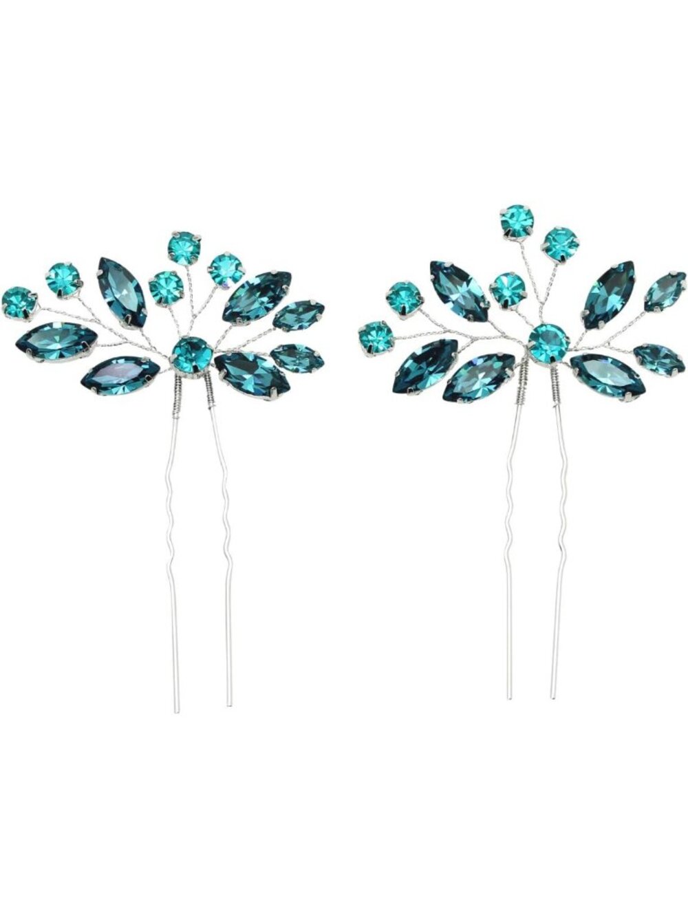Gorgeous Teal Rhinestone Floral Hair Pins Set - Sparkling Crystal Accessories, 2